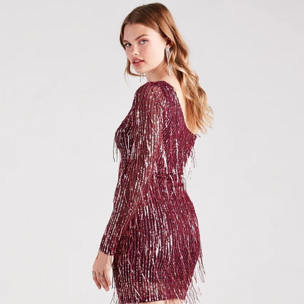 Zara NWT Burgundy Metallic Long Sleeve Party Mini Dress M - Picture 9 of 16